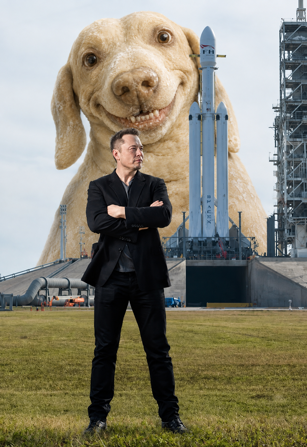 Elon Musk at a launch site with a giant Dough Dog behind the rocket